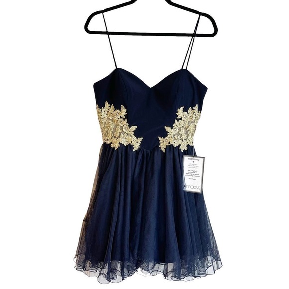 Prom Dress Blondie Nites Navy Blue Fit & Flare Applique Formal Prom Dress Size 9 - Picture 7 of 12